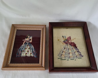 Pair of Vintage Needlepoint Embroidery Old Fashioned Ladies in Gowns, Framed Art Wall Hangings