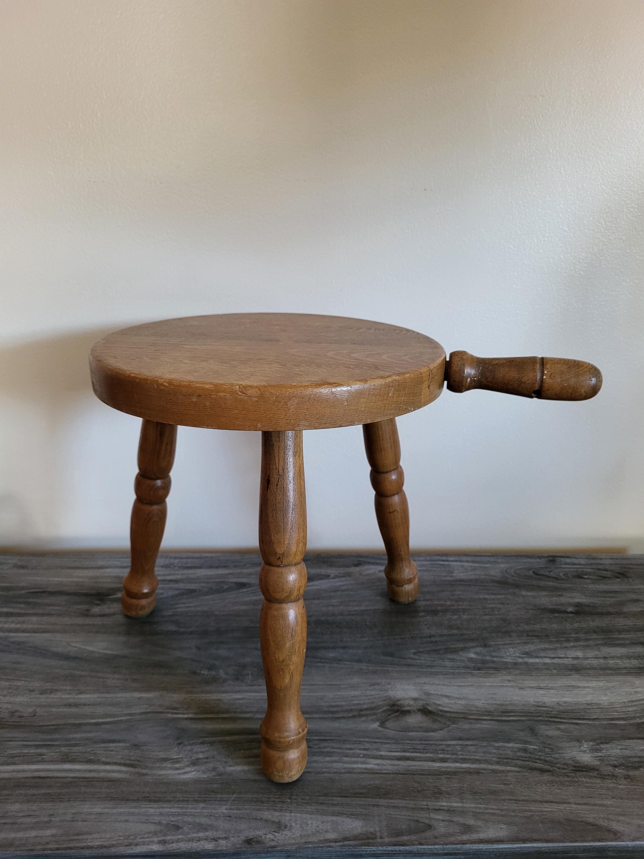 Vintage Japanese Three Legged Wood Milking Stool With Side Handle
