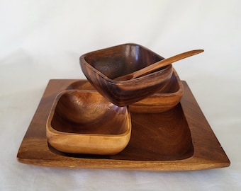 Vintage Hand Carved Wood Serving Set: Tray, Bowls, Spoon. Philippines MCM