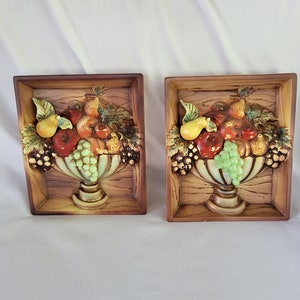Pair of Vintage Lefton Ceramic Fruit 3-D Wall Plaques, MCM Made in Japan