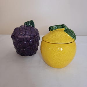 Pair Vintage Ceramic Fruit Lidded Jelly Jars, Grape & Lemon, 1970s Japan
