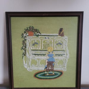 Vintage Piano Girl Crewel Embroidery, 15x17 Framed Wall Art, 1980s