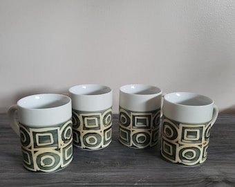 Vintage Japanese Stoneware Geometric Embossed Mugs, Set of 4, MCM