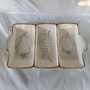 Vintage Bell Pottery Fruit Plat de service divisé en céramique, ivoire/or métallique/aqua, Californie États-Unis MCM