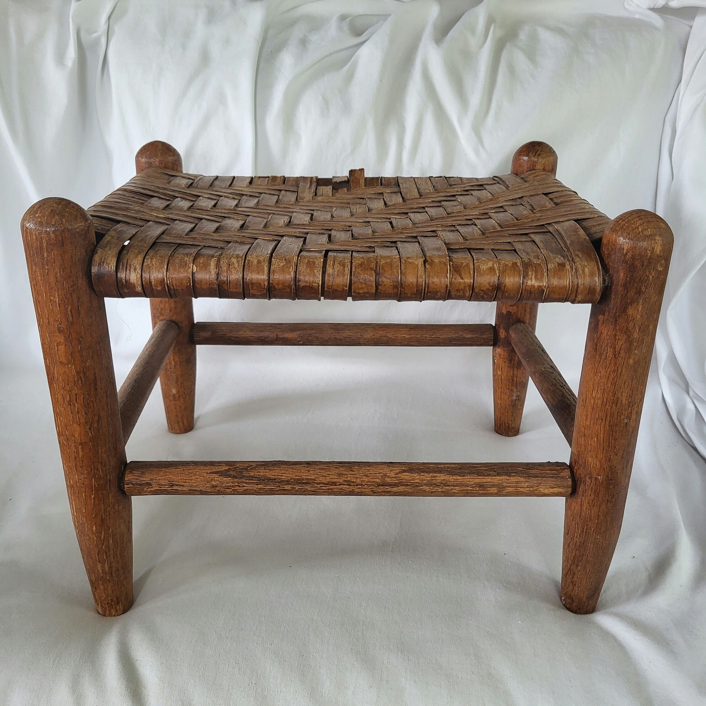 Vintage Primitive Wooden Shaker Foot Stool, Woven Splint Cane Seat, Rustic Farmhouse