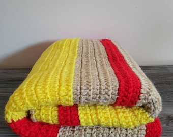 Vintage Hand Crocheted Colorful Striped Afghan/Baby Blanket, 1970s