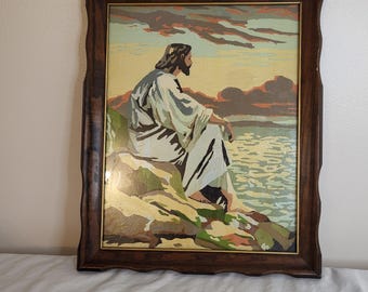 Vintage Paint By Number Jesus by the Sea Framed Wall Art, 13x16, MCM