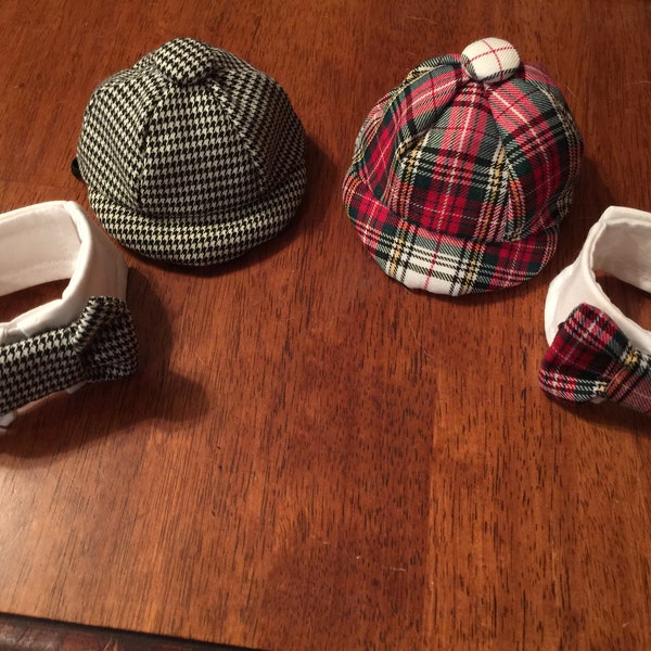 Small dog newsboy cap and Bowtie Collar set