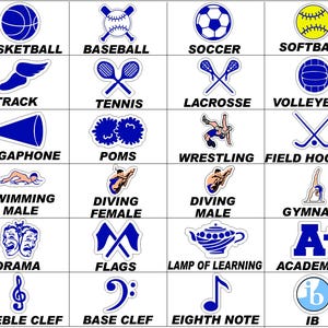 以下が含まれることがあります： さまざまなスポーツ、学問、音楽のシンボルを表す、青と白のグラフィックアイコンのグリッド。スポーツには、アメリカンフットボール、バスケットボール、野球、サッカー、ソフトボール、テニスなどがあります。学術アイコンには、プラス記号と文字「A+」が含まれます。