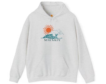 May include: A heather grey hooded sweatshirt with a graphic of a sun and a wave. The text "STAY SALTY" is printed below the graphic.