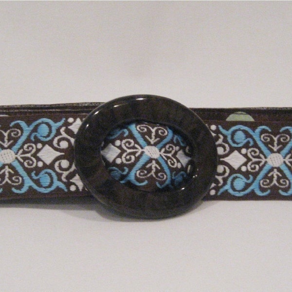 Ribbon Belt - Blue Java Novelty Jacquard Scroll - Reversible
