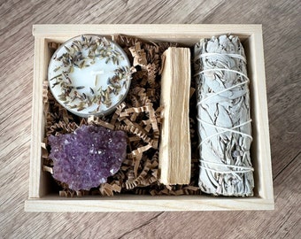 Crystal Gift Box for Anxiety and Calm Energy Amethyst Crystal Wood Gift Box Self Care Tools for Intuition House Warming Gift for Friend