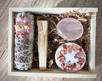 Crystal Gift Box for Love and Forgiveness Energy Rose Quartz Crystal Wood Gift Box Self Love Tools for Relationship Gift for Love