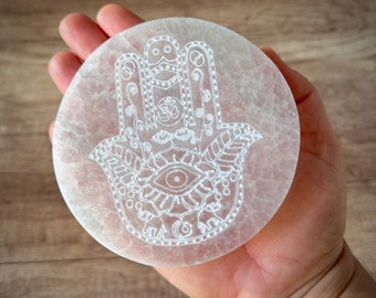 Carved Selenite Hamsa Disc Crystal Plate Carving Glowing Natural Selenite Cleansing Crystal Healing Home Decor Crystal Meditation Tool