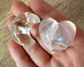 Rainbow Clear Quartz and Rose Quartz Crystal Moon and Heart Set Celestial Crystal Astrology Crystals Pair Crystal Love Crystal Self Love
