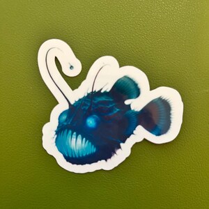 May include: A sticker featuring a detailed illustration of a deep-sea anglerfish. The sticker showcases the fish's menacing teeth, glowing lure, and dark blue and teal coloration. The sticker has a white border.