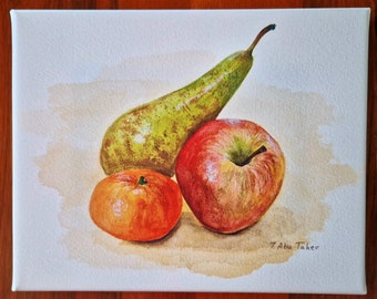 Watercolour Fruit Painting "Apple, Mandarin, Pear" Canvas