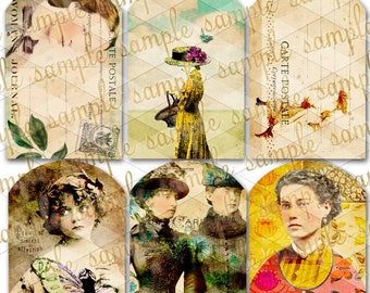 ART TEA LIFE Arched Tags Collection Collage Sheet Journal Scrapbook digital file printable download scrapbook gift card vintage photos girls