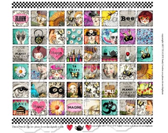 ART TEA LIFE Happy Tiles Collection Collage Sheet Digital File inchies scrabble magnets party favor decoration domino micro slides