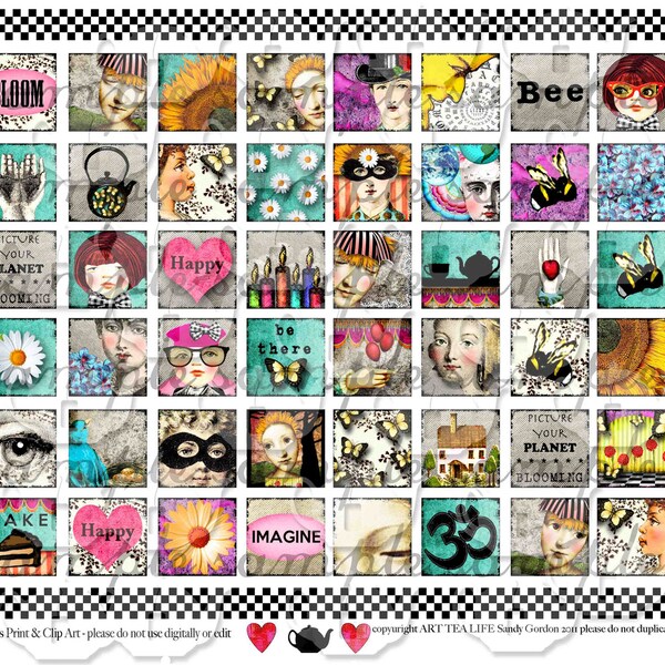 ART TEA LIFE Happy Tiles Collection Collage Sheet Digital File inchies scrabble magnets party favor decoration domino micro slides