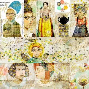 May include: A collage of vintage-style illustrations featuring portraits of people with birds, floral patterns, and the text "PLEASE REVIEW TERMS OF PURCHASE this is print & clip art". The color palette includes yellow, blue, and beige.