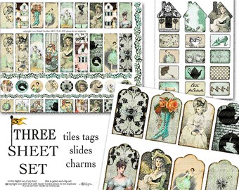 ART TEA LIFE Everything Soft and Sweet Gift Tags Collage Sheet Set of 3 download printable Micro Slides Clip Art journal scrapbook Victorian