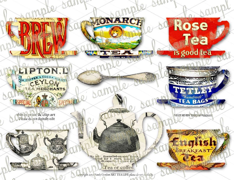 ART TEA LIFE Tea Set 3 Sheet Set Collage Digital File Gift Tag Etsy