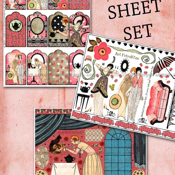 ART TEA LIFE Art Deco Tea Love Collage Sheet Set atc etiquetas de regalo scrapbooking journal clip art imprimible descargar flapper digi cats pink cards