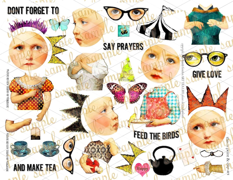 ART TEA LIFE Don't Forget Paper Doll Collage Sheet printable scrapbooking journal crafts cards print and clip image 1