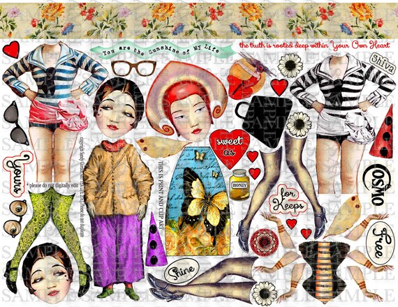 ART TEA LIFE Mail Art Girls Journal Collage Sheet paper doll digital file printable download decoupage scrapbook tags clip art cards post