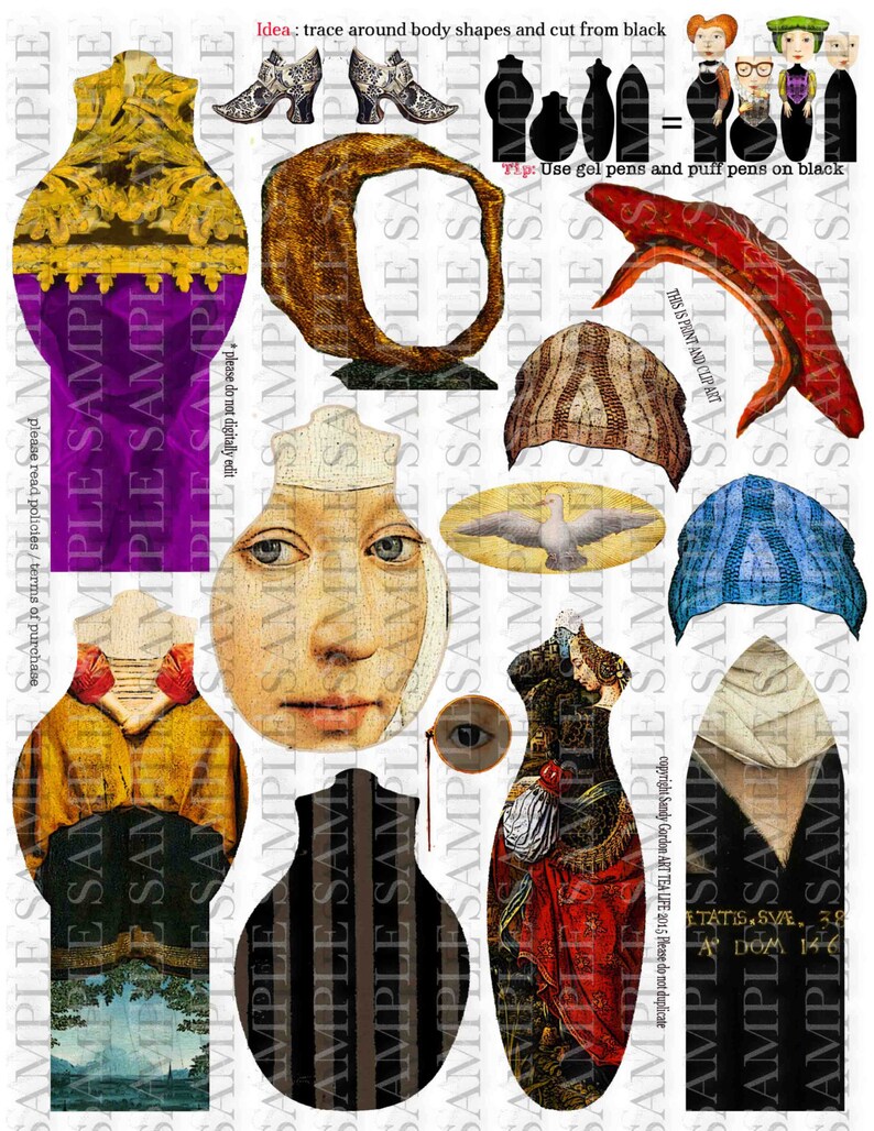 ART TEA LIFE Ren Faire Dolls Printable Kit Scrapbook Journal Page Paper Doll Collage Sheet Set