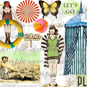 Könnte beinhalten: Eine Collage im Vintage-Stil mit Strandmotiven. Sie enthält Bilder von Frauen in Badekleidung, ein Strandzelt, eine Schwimmweste, ein Strandschild, einen Schmetterling, eine Ente und die Wörter "LET'S GO" und "PLAY".
