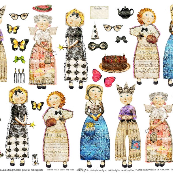 ART TEA LIFE Peaced Out Paper Dolls Collage Sheet printable download scrapbook gift tags cards junk journal diy paper craft vintage photo