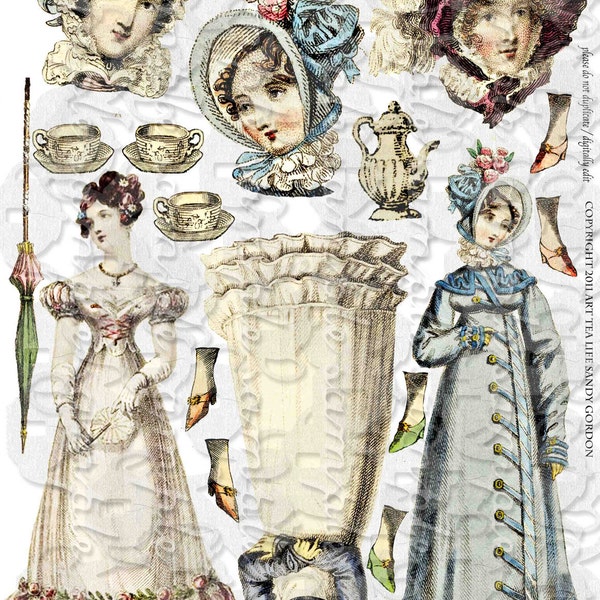 Jane's Paper Dolls Digital Collage Sheet Journal Page Scrapbooking ART TEA LIFE altered doll parts clip art austen fashion pemberley