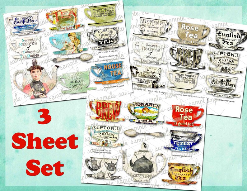 ART TEA LIFE Tea Set 3 Sheet Set Collage Digital File Gift Tag Etsy