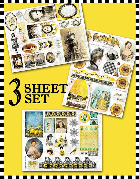ART TEA LiFE Sunny Yellow Scrapbook Journal Collage 3 Sheet Set digital file printable download decoupage card tag print download paper doll