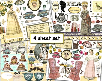 ART TEA LIFE Stir It Up Cozy Jane Collage Sheet Set Journal Page Scrapbooking altered art paper doll clip Digital File fashion austen