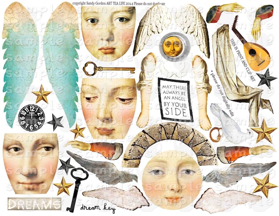 ART TEA LIFE Doll Printable Kit Artful Gathering Workshop Angel Scrapbook Journal Page Paper Doll Collage Sheet Set of 4