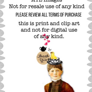May include: A vintage-style illustration featuring a woman with a teacup and a yellow chick on her head. The image includes a teapot, musical notes, and the words "Thank You." The text "ATL Images" and usage terms are also present.