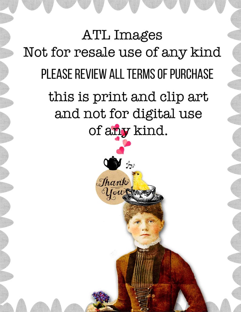 May include: A vintage-style illustration featuring a woman with a teacup and a yellow chick on her head. The image includes a teapot, musical notes, and the words "Thank You." The text "ATL Images" and usage terms are also present.