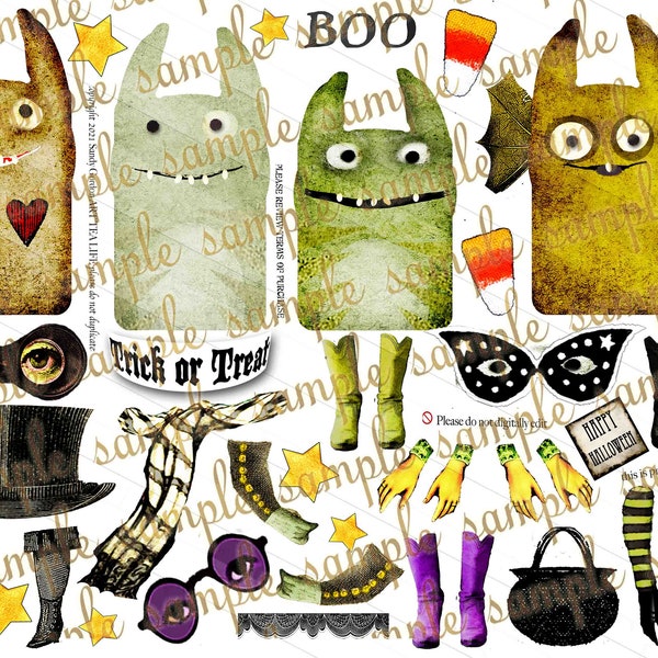 ART TEA LIFE Hey Monster Paper Doll Collage Sheet scrapbook journal party favor card making paper craft Halloween printable digital file tag