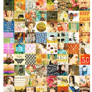 Può includere: Un foglio di collage con 64 immagini vintage colorate. Le immagini includono fiori, persone, testo e altri disegni. Il foglio è perfetto per lo scrapbooking, la creazione di biglietti e altri progetti di artigianato.