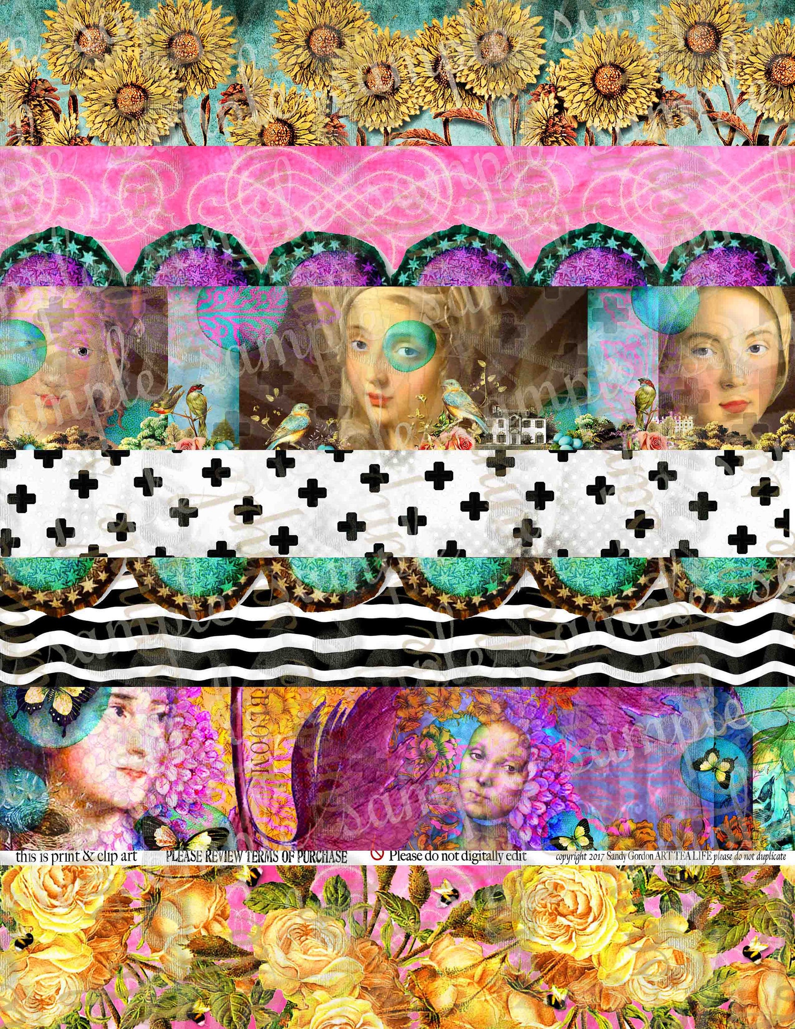ART TEA LIFE Blooming Strips Borders Collage Sheet Digital Etsy