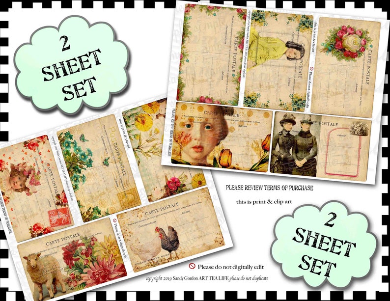 ART TEA LIFE Mini Postcards Gift Tag Collage 2 Sheet Set Scrapbook Journal digital file printable download decoupage card making victorian