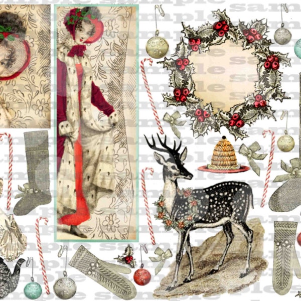 ART TEA LIFE Winter Girl Jane Austen Collage Sheet  Scrapbooking altered art regency fashion clip art Digital File deer gloves candy cane