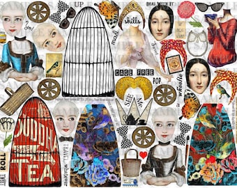 ART TEA LiFE Merrily Paper Dolls Collage Sheet digital file printable download decoupage clip art scrapbook journalling page