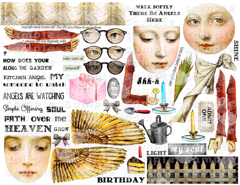 ART TEA LIFE Doll Printable Kit Artful Gathering Workshop Angel Scrapbook Journal Page Paper Doll Collage Sheet Set of 4