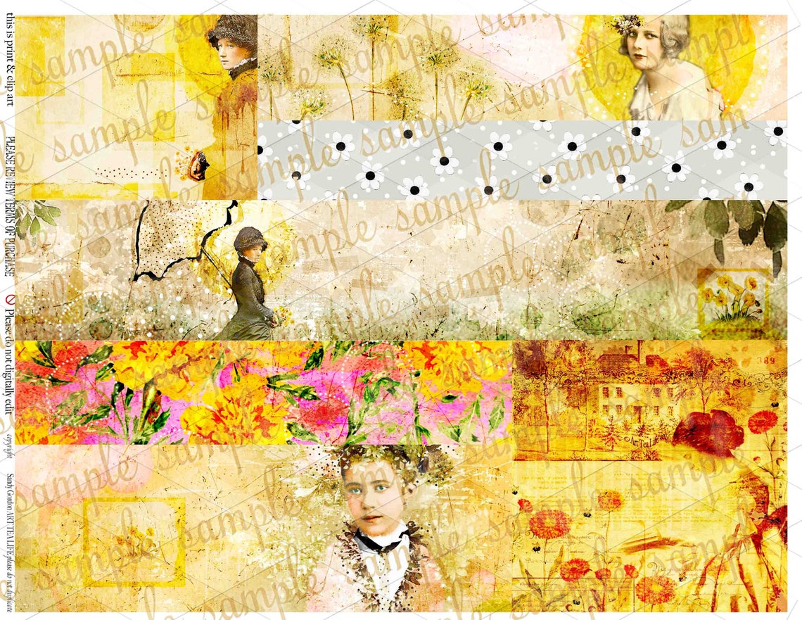 ART TEA LIFE Mellow Yellow Strip Set Collage Sheet Digital Etsy
