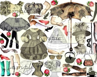 ART TEA LIFE Paper Dolls Digital Collage Sheet Journal Page Scrapbooking altered art doll parts clip art Digital File vintage fashion