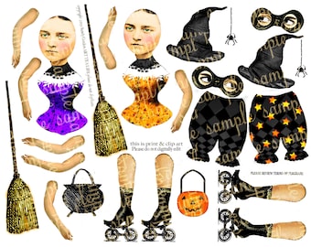 ART TEA LIFE Rolling Witches Paper Dolls Collage Sheet journal digital file printable download decoupage scrapbook card download party favor